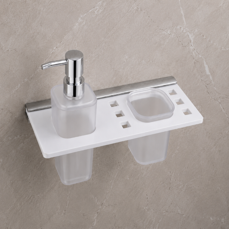 White Acrylic Liquid Soap Dispenser with Brush Holder - Close UpWhite