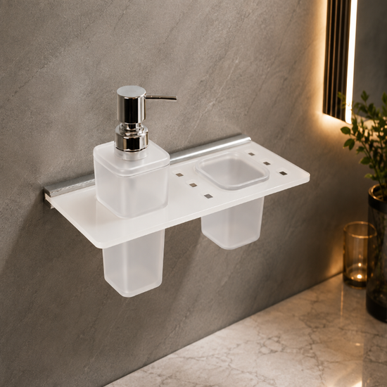 White Acrylic Liquid Soap Dispenser with Brush Holder - Front View