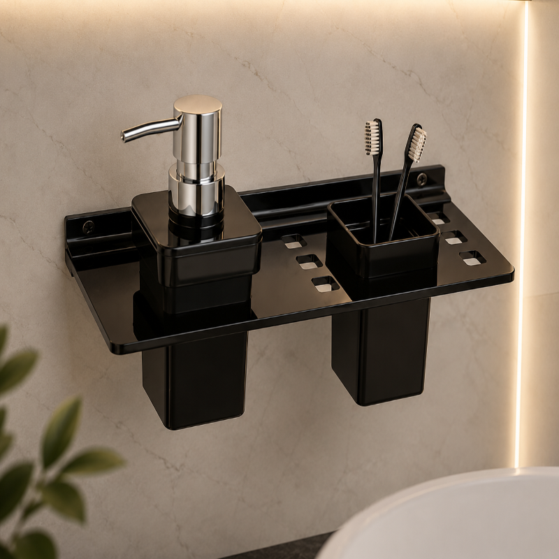 Black Acrylic Liquid Soap Dispenser with Brush Holder