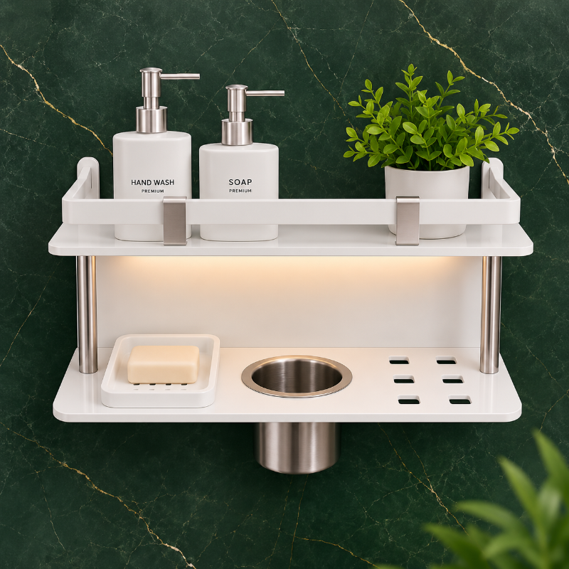 White Acrylic 4-in-1 Bathroom Shelf (Toothbrush, Tumbler, Soap)